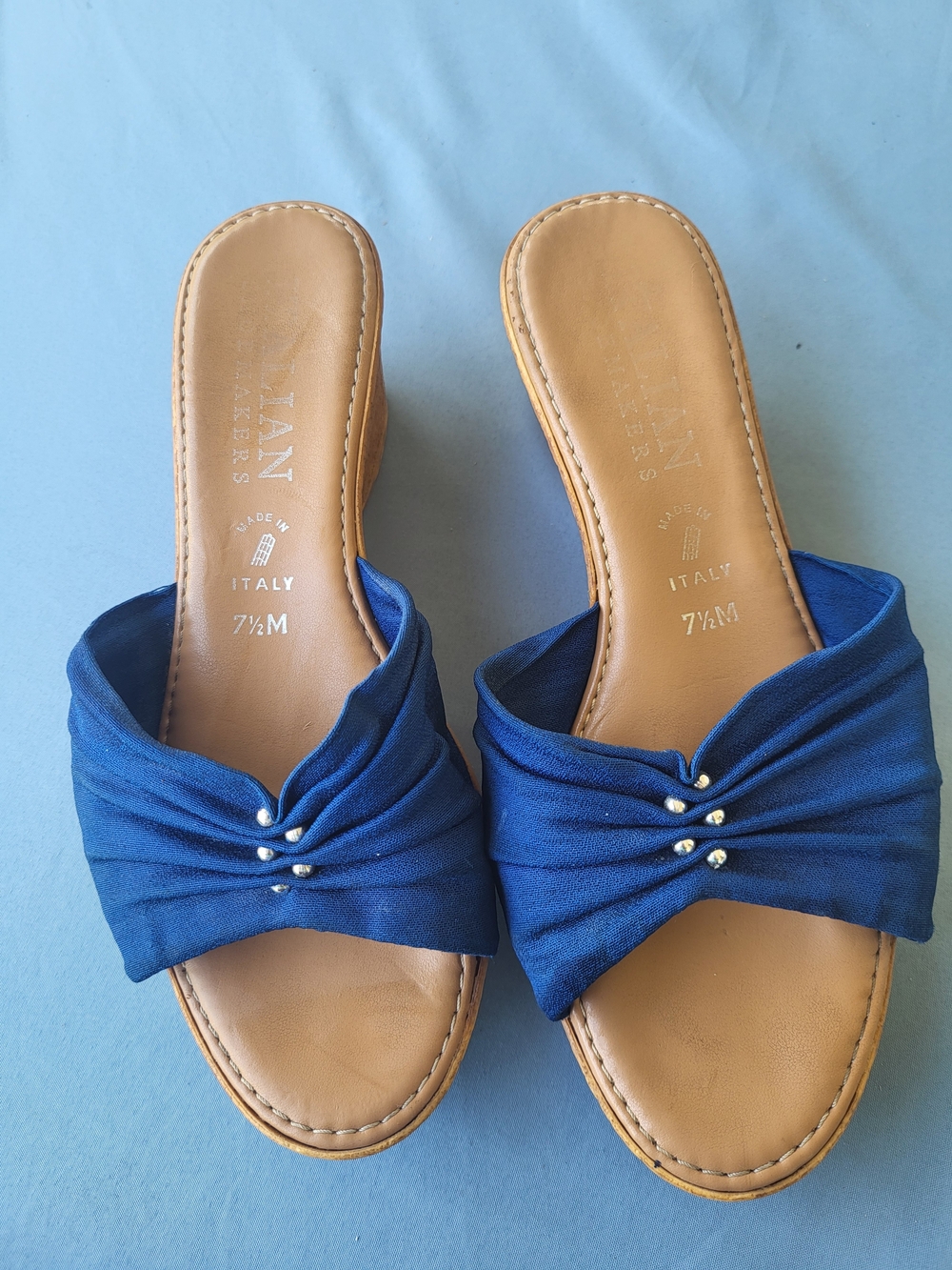 Italian Shoemakers Blue Ruched Slip-On Mules